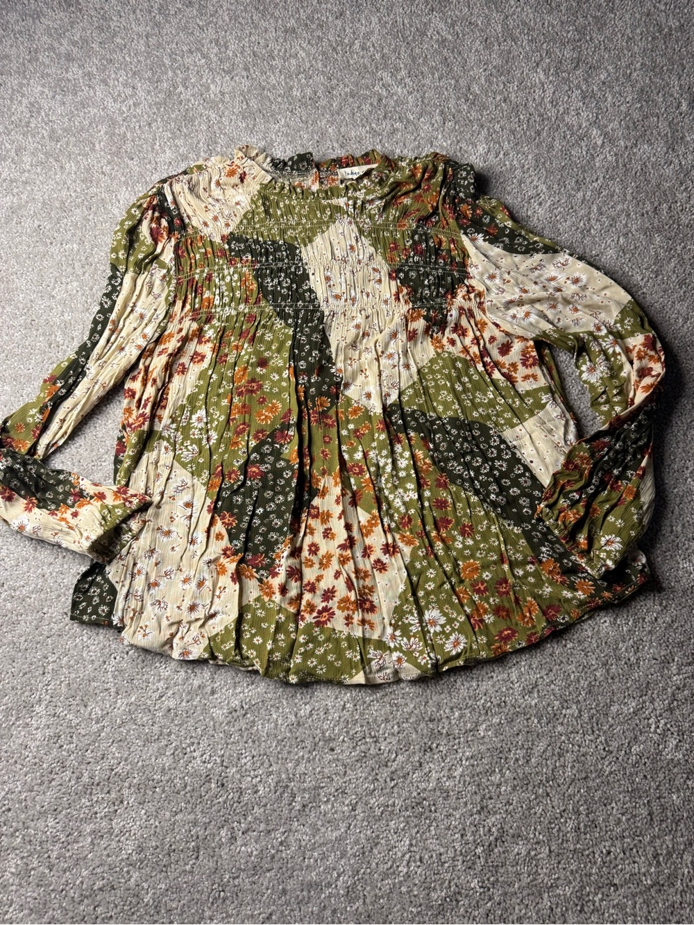 indigo soul Olive and Cream Floral Patchwork Pleated Blouse
